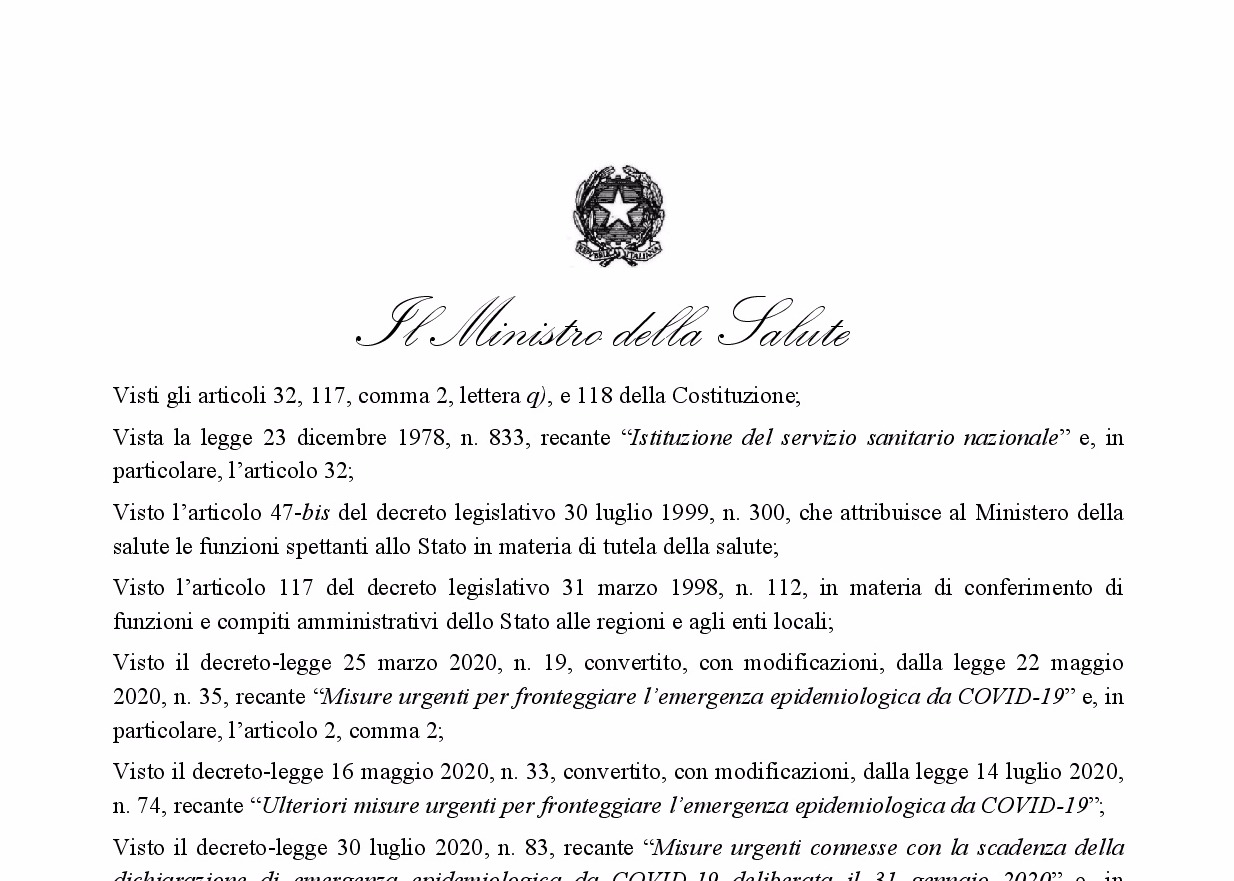 ORDINANZA MINISTRO DELLA SALUTE 16.08.2020